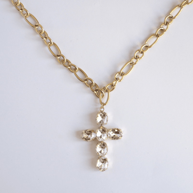 collana acciaio catena croce strass bianca