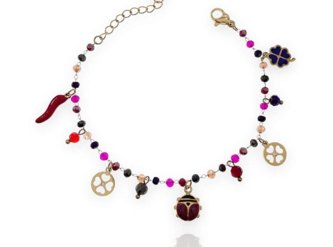 bracciale acciaio portafortuna coccinella fuxia oro bracciale acciaio portafortuna coccinella fuxia oro