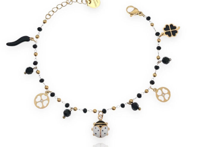 bracciale acciaio portafortuna coccinella nero oro bracciale acciaio portafortuna coccinella nero oro