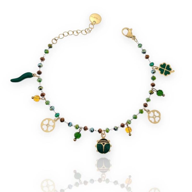 bracciale acciaio portafortuna coccinella verde oro