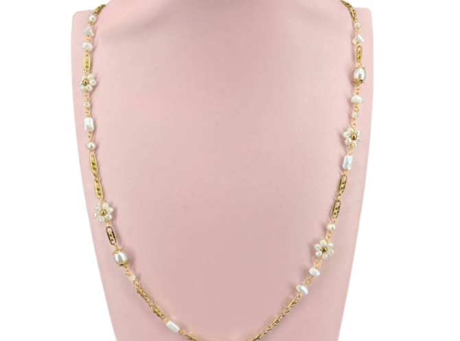 collana lunga acciaio fiori bianchi collana lunga acciaio fiori bianchi