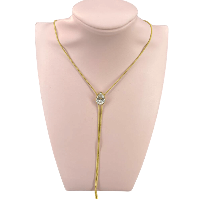 collana in acciaio lunga con goccia zircone oro